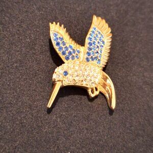 Hummingbird Pin Brooch Signed 1999 PS Co. Gold Tone w/Blue & White Rhinestones